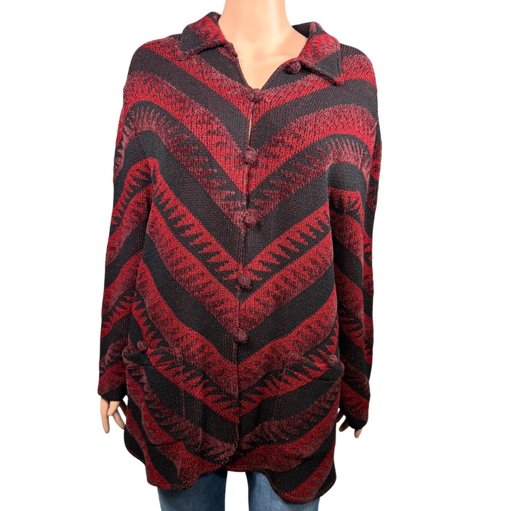 Brenda French for French Rags Red Black Chevron Knit Cardigan Sweater‎ Size L